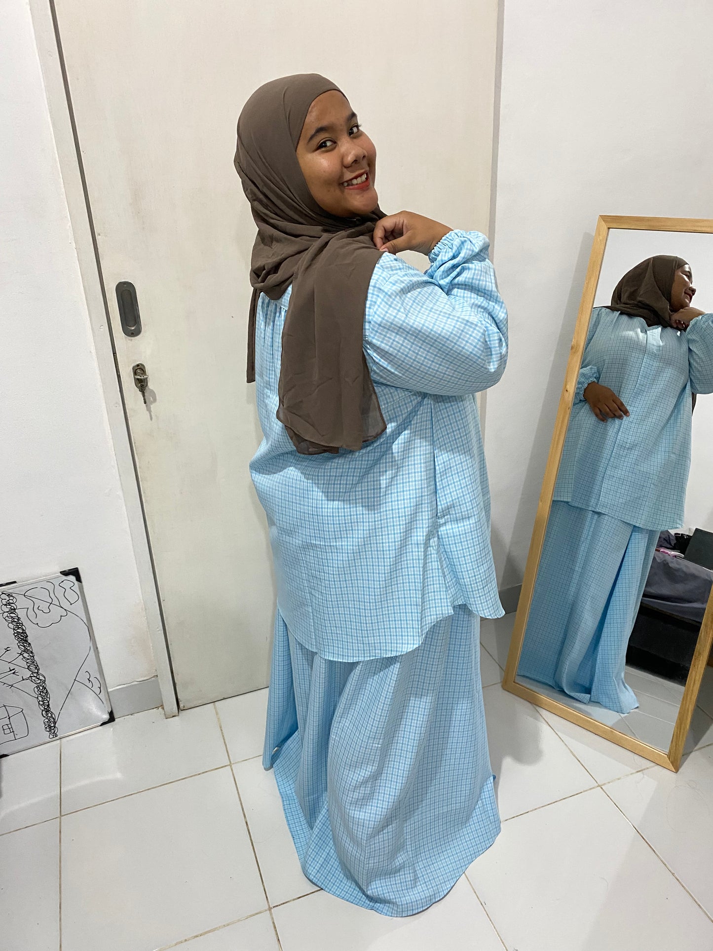 Setelan Rok Jumbo Kotak Biru