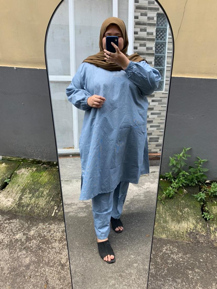 Setelan Tunik Celana Jumbo Kotak Kecil Denim