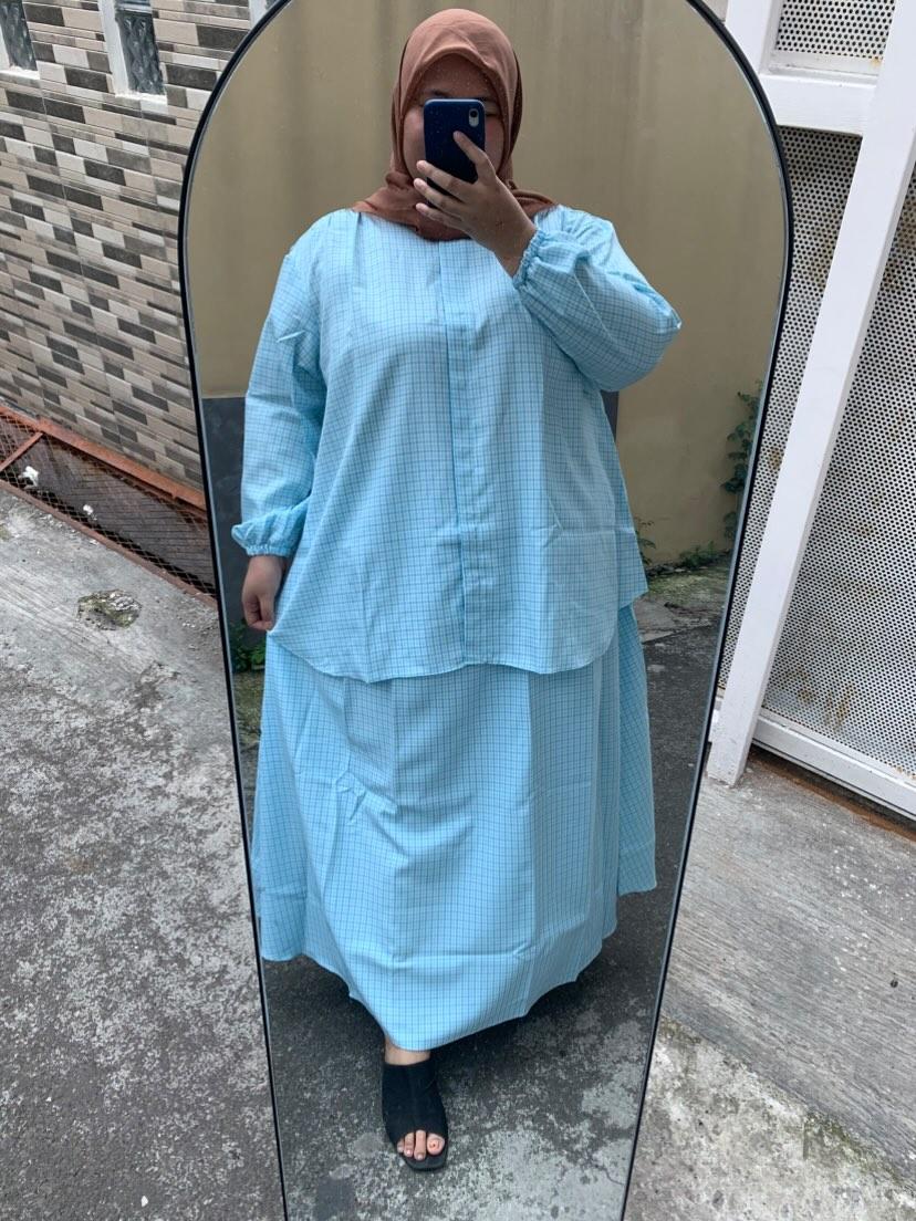 Setelan Rok Jumbo Kotak Biru