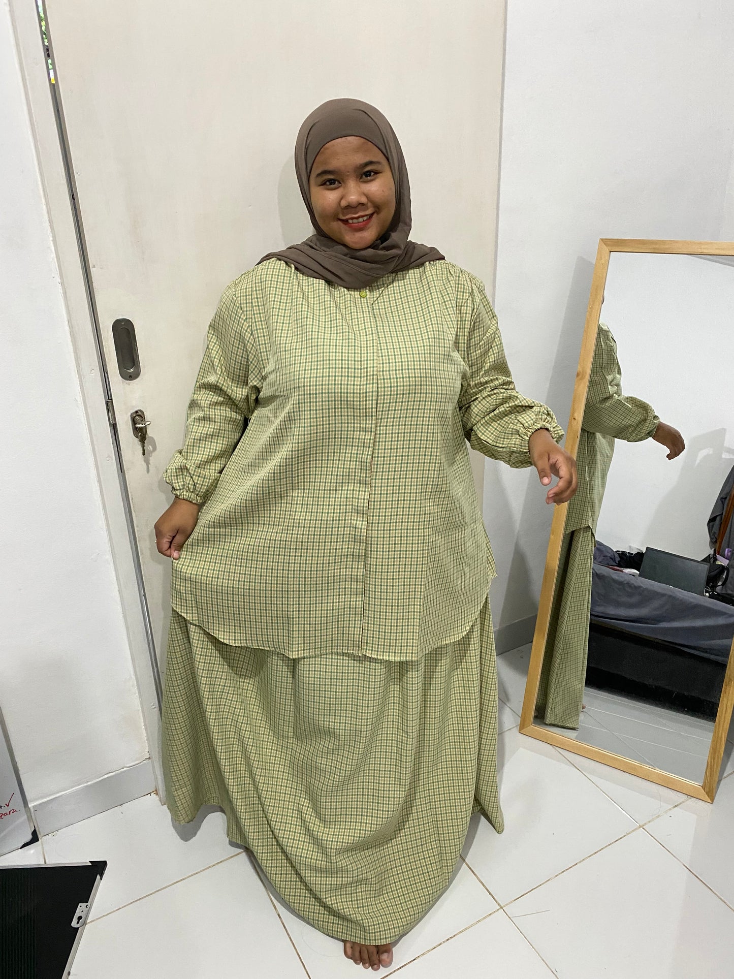 Setelan Rok Jumbo Kotak Hijau