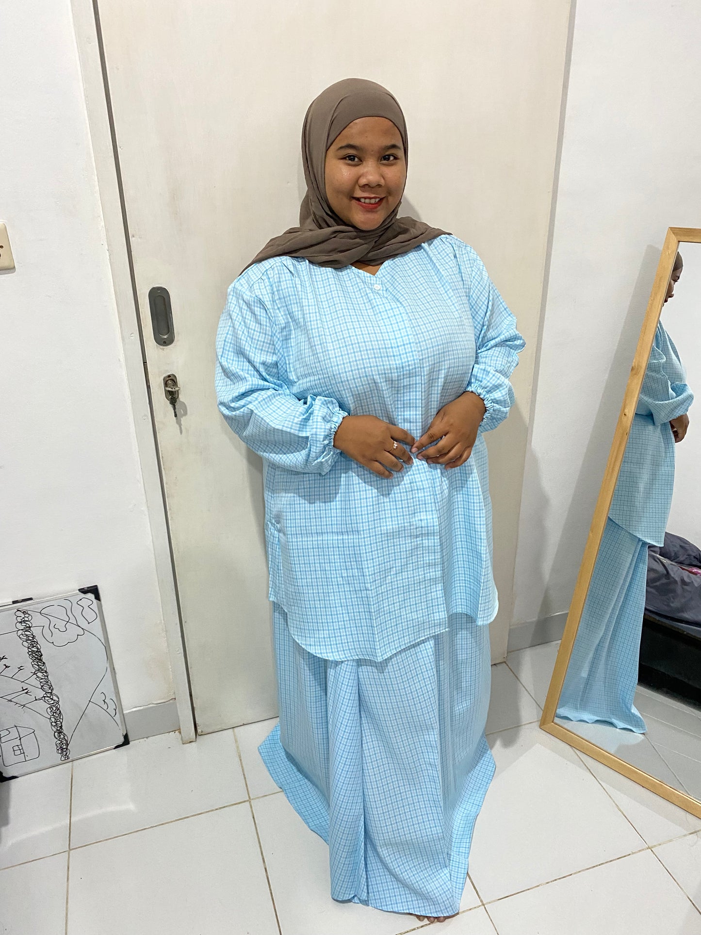 Setelan Rok Jumbo Kotak Biru