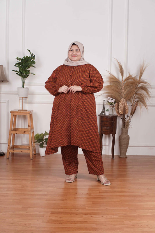 Yomi Official - Tunic Suit Yura | Setelan Tunik Slit Teracotta Dots