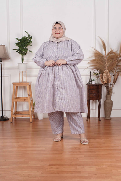 Yomi Official - Tunic Suit Emalia | Setelan Tunik Serut Stripe Lilac