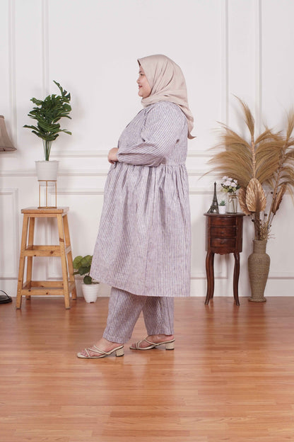 Yomi Official - Tunic Suit Emalia | Setelan Tunik Serut Stripe Lilac