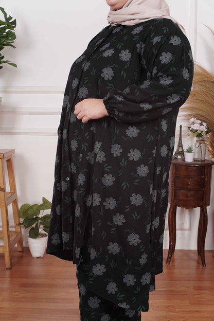 Yomi Official - Tunic Suit Yura | Setelan Tunik Slit Black Flowers