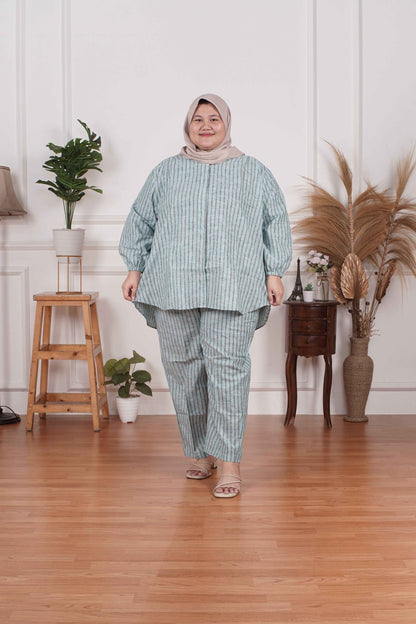 Yomi Official - Ayumi Set | Oneset Kemeja Stripe Blue Grey