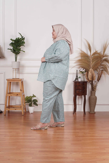 Yomi Official - Ayumi Set | Oneset Kemeja Stripe Blue Grey