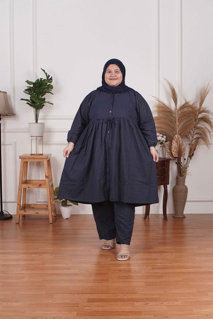 Yomi Official - Tunic Suit Ema - Setelan Tunik Serut Blue Jeans Dots