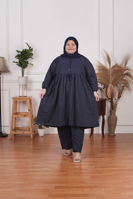 Yomi Official - Tunic Suit Ema - Setelan Tunik Serut Blue Jeans Dots