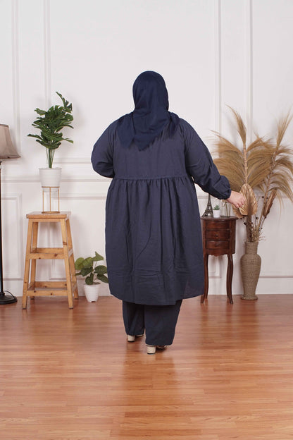 Yomi Official - Tunic Suit Ema - Setelan Tunik Serut Blue Jeans Dots