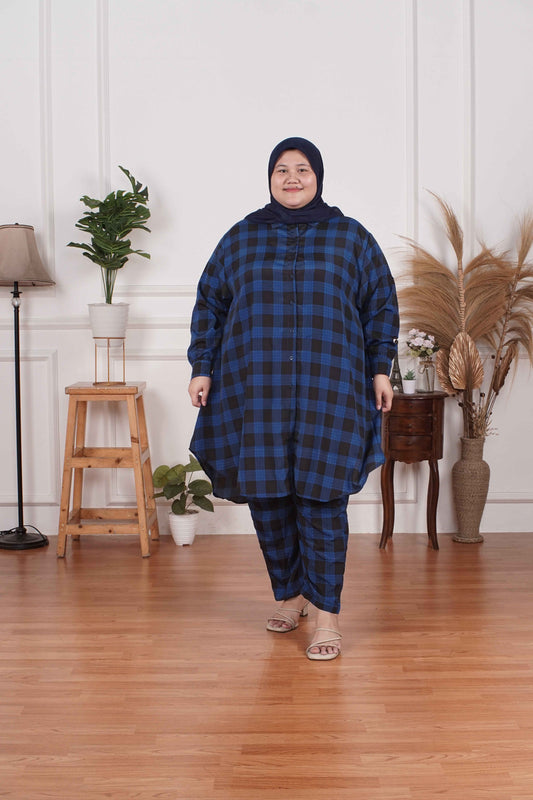 Yomi Official - Tunic Suit Azura | Setelan Tunik Kotak Biru Hitam