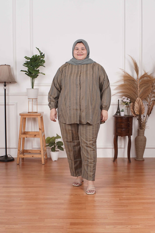 Yomi Official - Ayumi Set | Oneset Kemeja Hijau Stripe