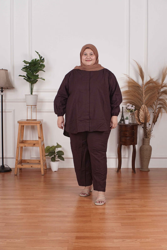 Yomi Official - Ayumi Set | Oneset Kemeja Abtrak Cappucino