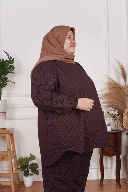 Yomi Official - Ayumi Set | Oneset Kemeja Abtrak Cappucino