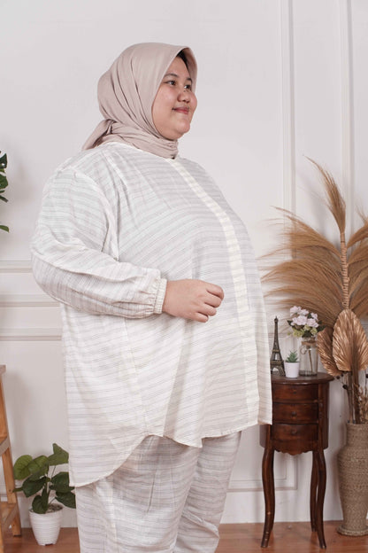 Yomi Official - Ayumi Set | Oneset Kemeja Stripe Nude