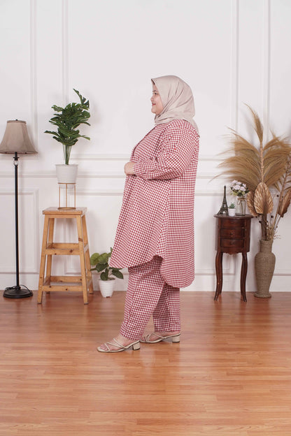 Yomi Official - Tunic Suit Azura | Setelan Tunik Kotak Khaki Maroon