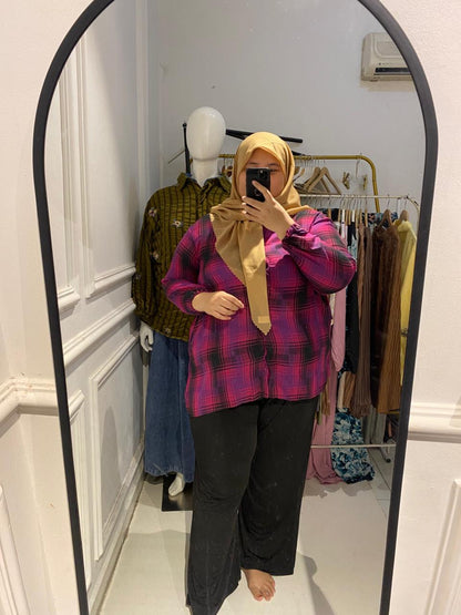 Yomi Official - Kemeja Vellena | Tissue Kotak Ungu