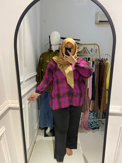 Yomi Official - Kemeja Vellena | Tissue Kotak Ungu